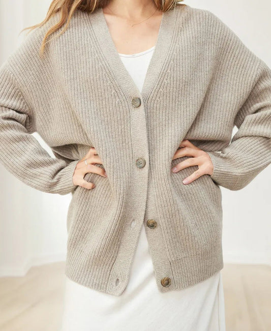 Women's Oversized Cardigan Sweater with Ribbed Knit Texture and Button Closure – V-Neck Relaxed Fit Cardigan