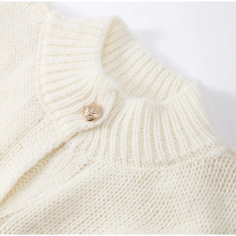 Women's Oversized Knit Cardigan Sweater with Ribbed Neckline and Button Closure - Long Relaxed Fit