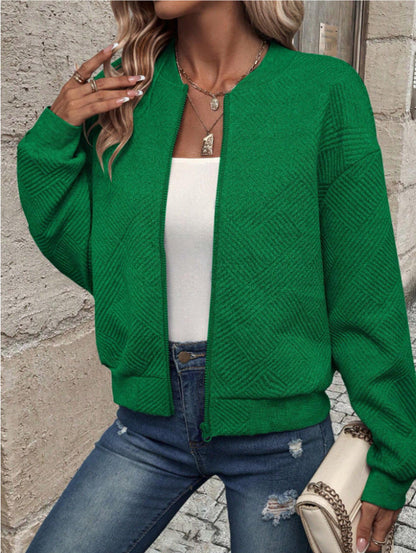 Women's Black Zip-Up Cardigan, Textured Long Sleeve Sweater with Ribbed Hem for Stylish Comfort