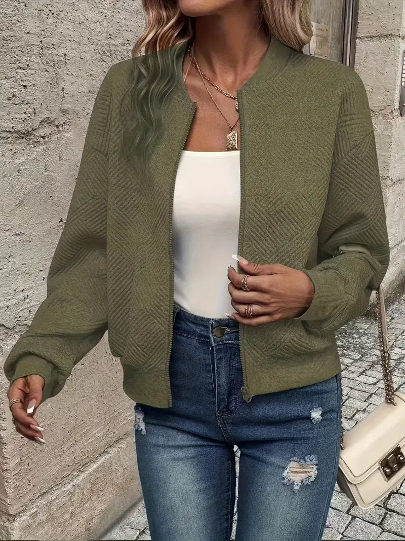 Women's Black Zip-Up Cardigan, Textured Long Sleeve Sweater with Ribbed Hem for Stylish Comfort