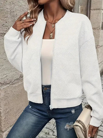 Women's Black Zip-Up Cardigan, Textured Long Sleeve Sweater with Ribbed Hem for Stylish Comfort