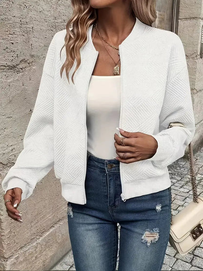 Women's Black Zip-Up Cardigan, Textured Long Sleeve Sweater with Ribbed Hem for Stylish Comfort