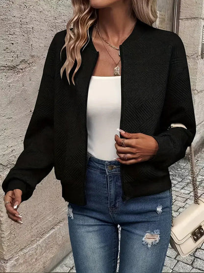 Women's Black Zip-Up Cardigan, Textured Long Sleeve Sweater with Ribbed Hem for Stylish Comfort