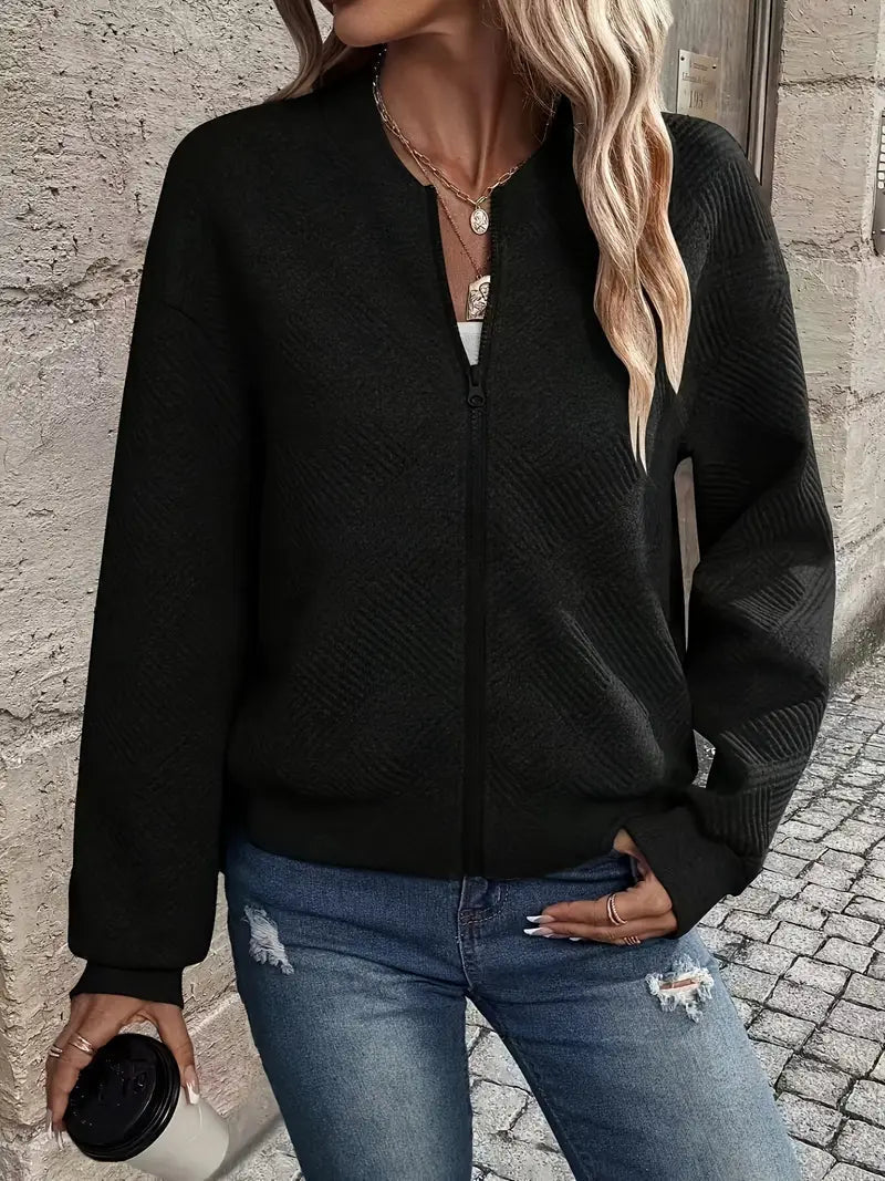 Women's Black Zip-Up Cardigan, Textured Long Sleeve Sweater with Ribbed Hem for Stylish Comfort