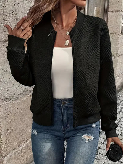 Women's Black Zip-Up Cardigan, Textured Long Sleeve Sweater with Ribbed Hem for Stylish Comfort