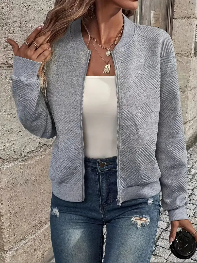 Women's Black Zip-Up Cardigan, Textured Long Sleeve Sweater with Ribbed Hem for Stylish Comfort