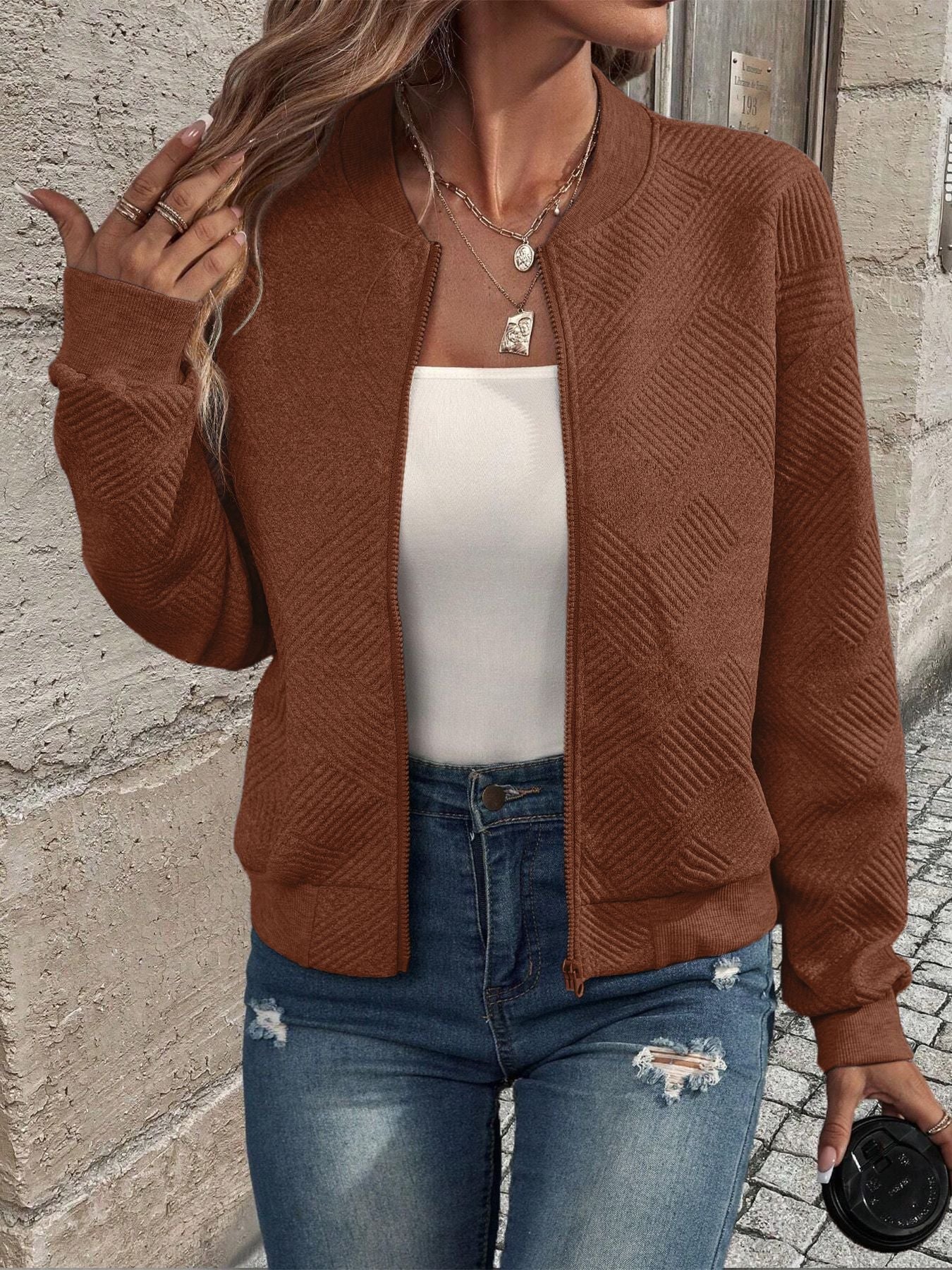 Women's Black Zip-Up Cardigan, Textured Long Sleeve Sweater with Ribbed Hem for Stylish Comfort