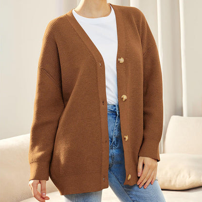 Women's Oversized Cardigan Sweater with Ribbed Knit Texture and Button Closure – V-Neck Relaxed Fit Cardigan