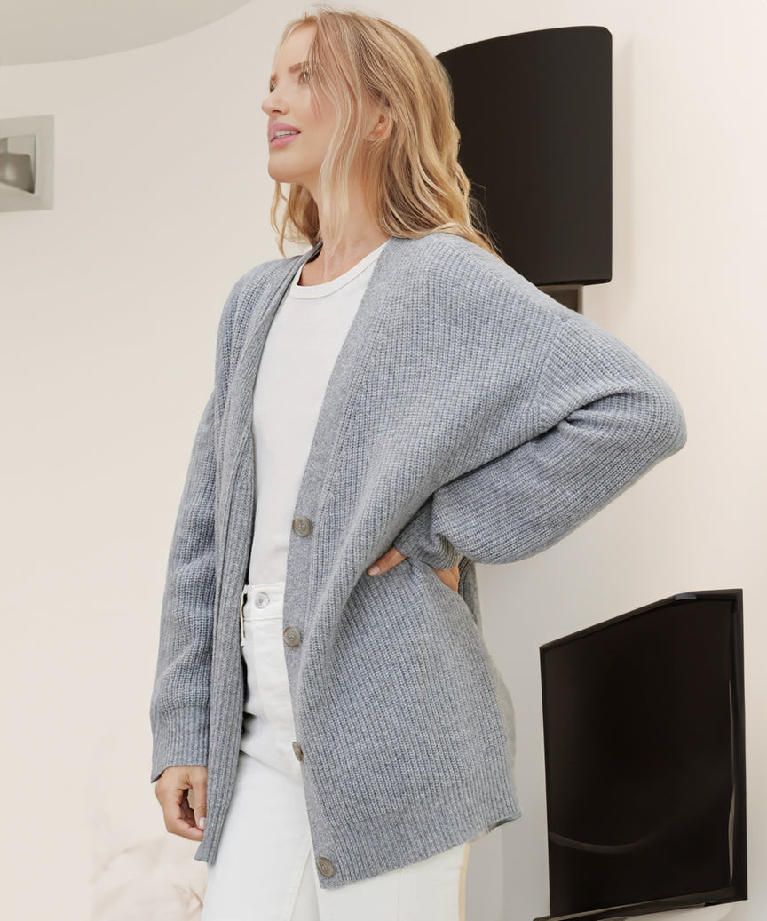 Women's Oversized Cardigan Sweater with Ribbed Knit Texture and Button Closure – V-Neck Relaxed Fit Cardigan
