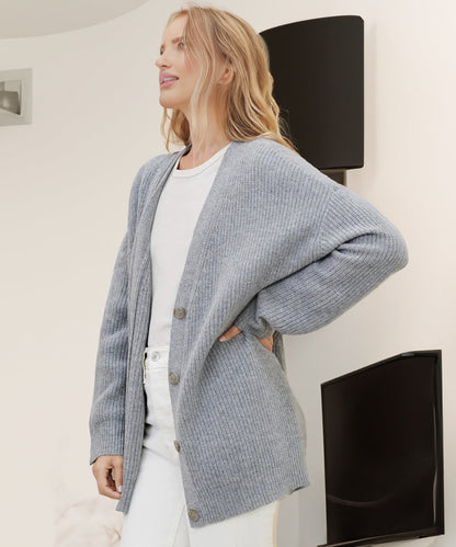Women's Oversized Cardigan Sweater with Ribbed Knit Texture and Button Closure – V-Neck Relaxed Fit Cardigan