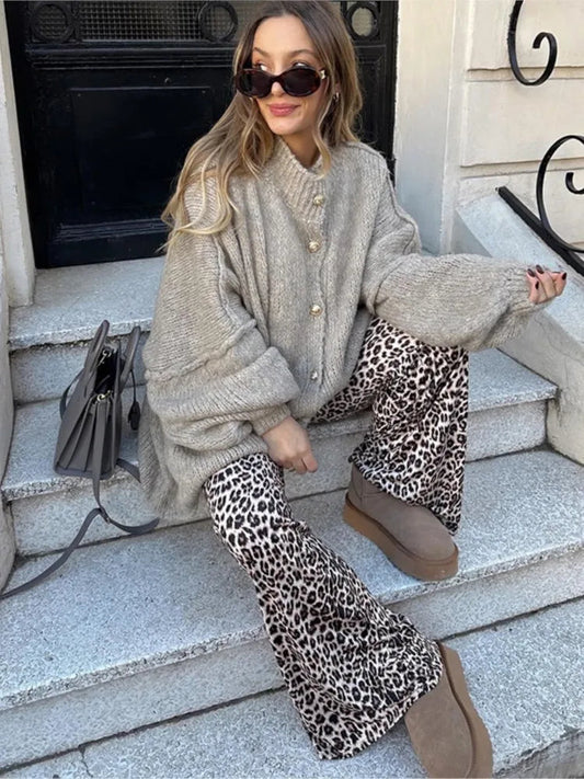 Women's Oversized Knit Cardigan Sweater with Ribbed Neckline and Button Closure - Long Relaxed Fit