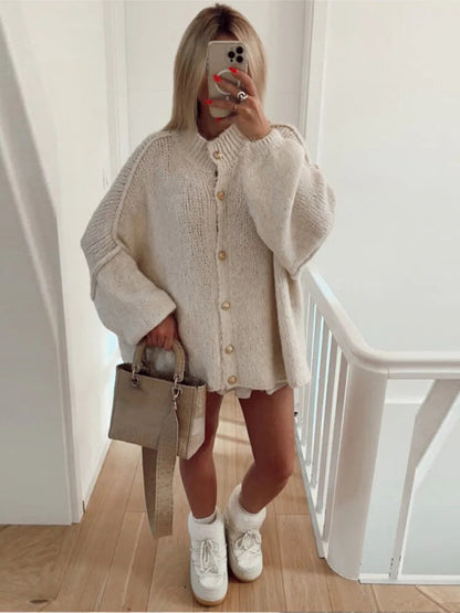 Women's Oversized Knit Cardigan Sweater with Ribbed Neckline and Button Closure - Long Relaxed Fit