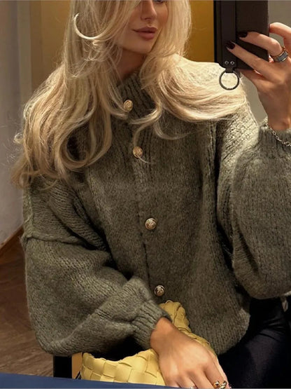 Women's Oversized Knit Cardigan Sweater with Ribbed Neckline and Button Closure - Long Relaxed Fit