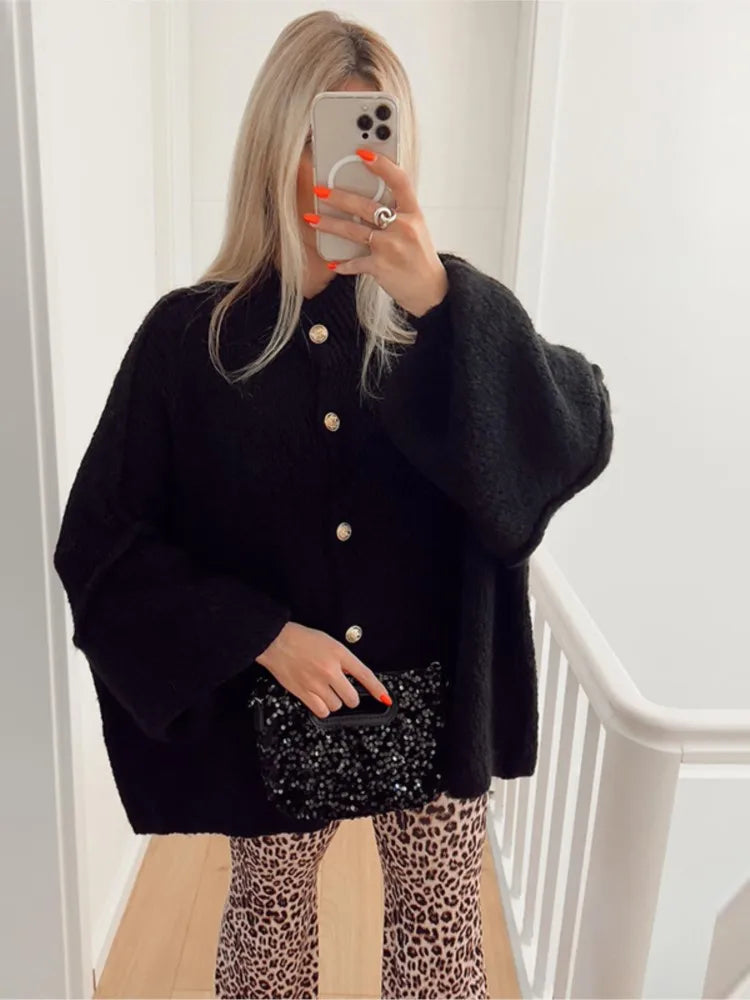 Women's Oversized Knit Cardigan Sweater with Ribbed Neckline and Button Closure - Long Relaxed Fit