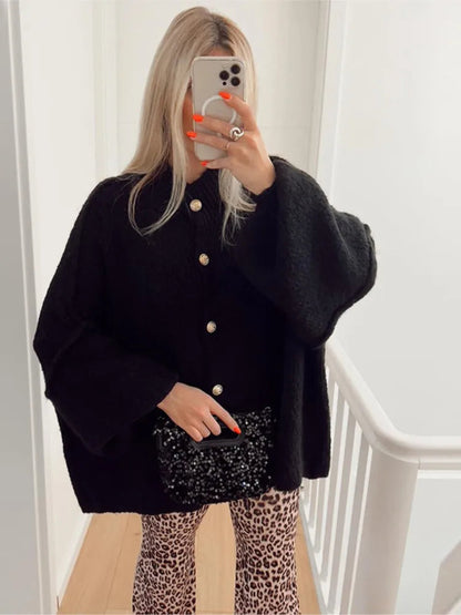 Women's Oversized Knit Cardigan Sweater with Ribbed Neckline and Button Closure - Long Relaxed Fit