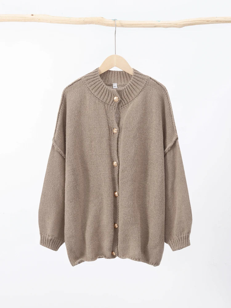 Women's Oversized Knit Cardigan Sweater with Ribbed Neckline and Button Closure - Long Relaxed Fit