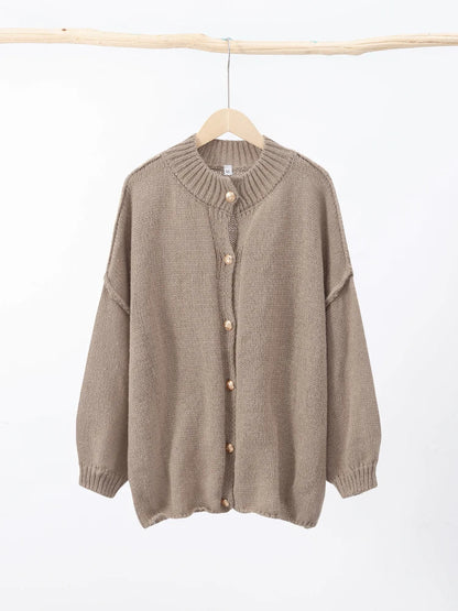 Women's Oversized Knit Cardigan Sweater with Ribbed Neckline and Button Closure - Long Relaxed Fit